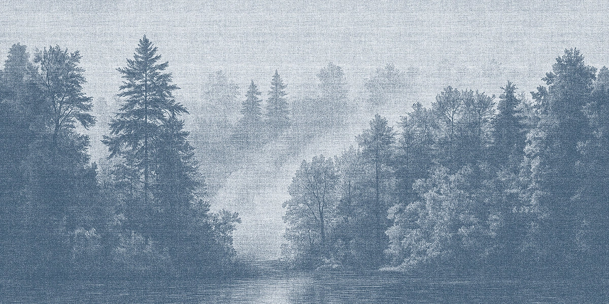 Blue forest wallpaper wall covering featuring a scandinavian forest fjord 