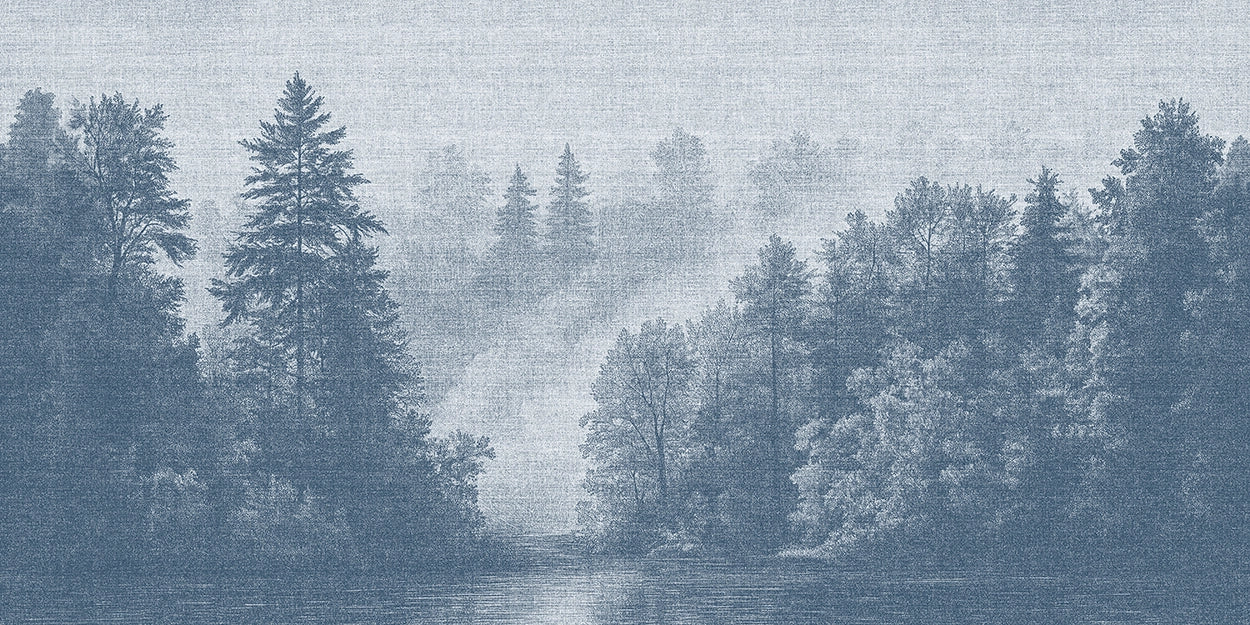 Blue forest wallpaper wall covering featuring a scandinavian forest fjord 