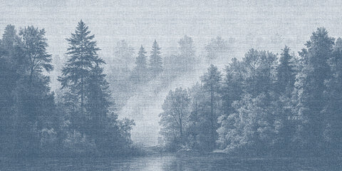 Blue forest wallpaper wall covering featuring a scandinavian forest fjord 