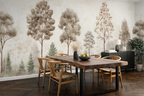 Dining room with wooden table and chairs against a vintage forest wallpaper mural.