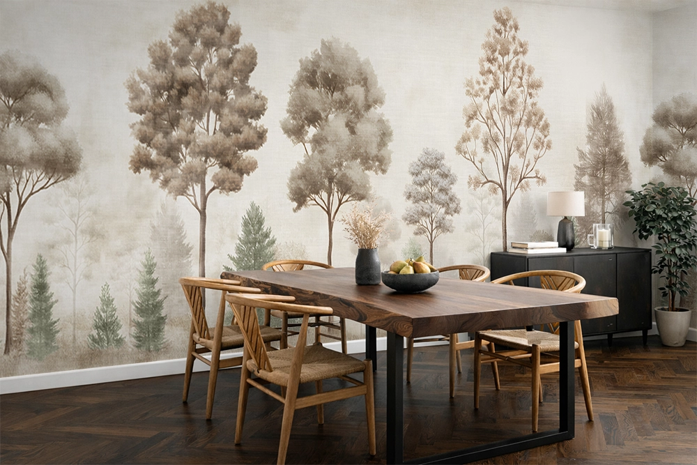 Dining room with wooden table and chairs against a vintage forest wallpaper mural.