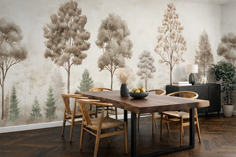 Dining room with wooden table and chairs against a vintage forest wallpaper mural.