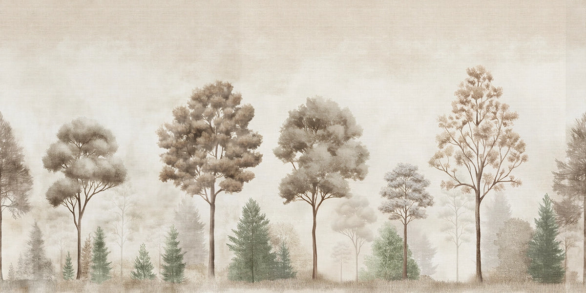Wallpaper forest mural illustration of trees in a forest with a soft, pastel color palette.