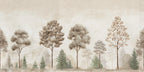 Wallpaper forest mural illustration of trees in a forest with a soft, pastel color palette.