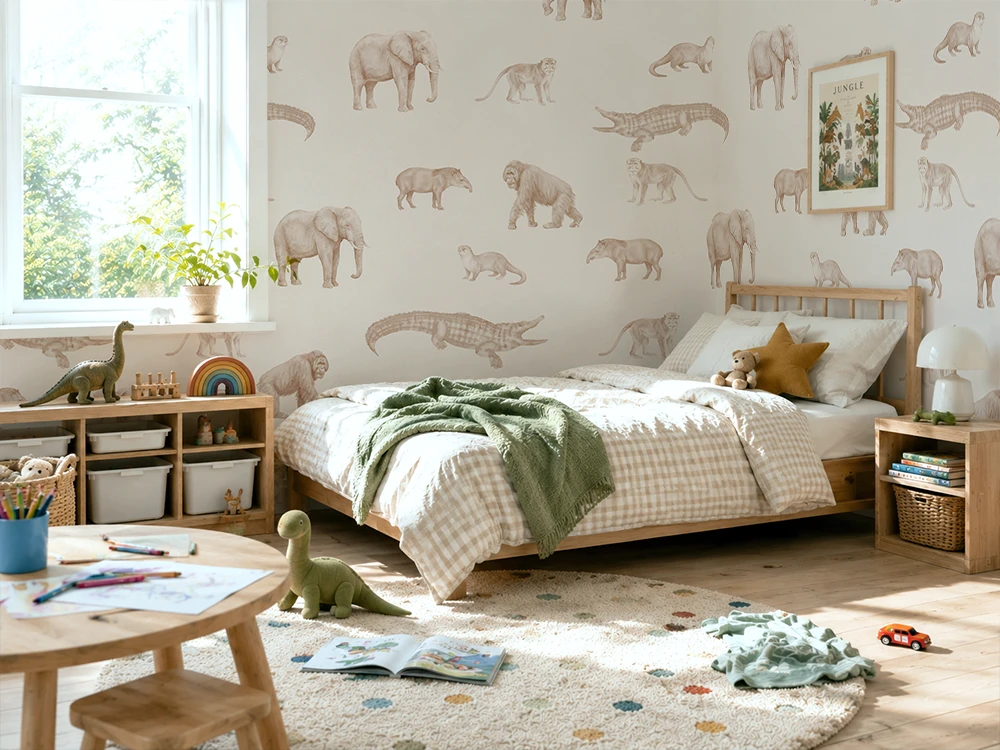 Children's bedroom with dinosaur-themed decor, including wallpaper and toys.