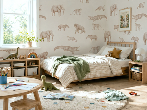 Children's bedroom with dinosaur-themed decor, including wallpaper and toys.