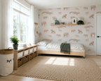 Children's bedroom with patterned wallpaper, bed, and storage units.