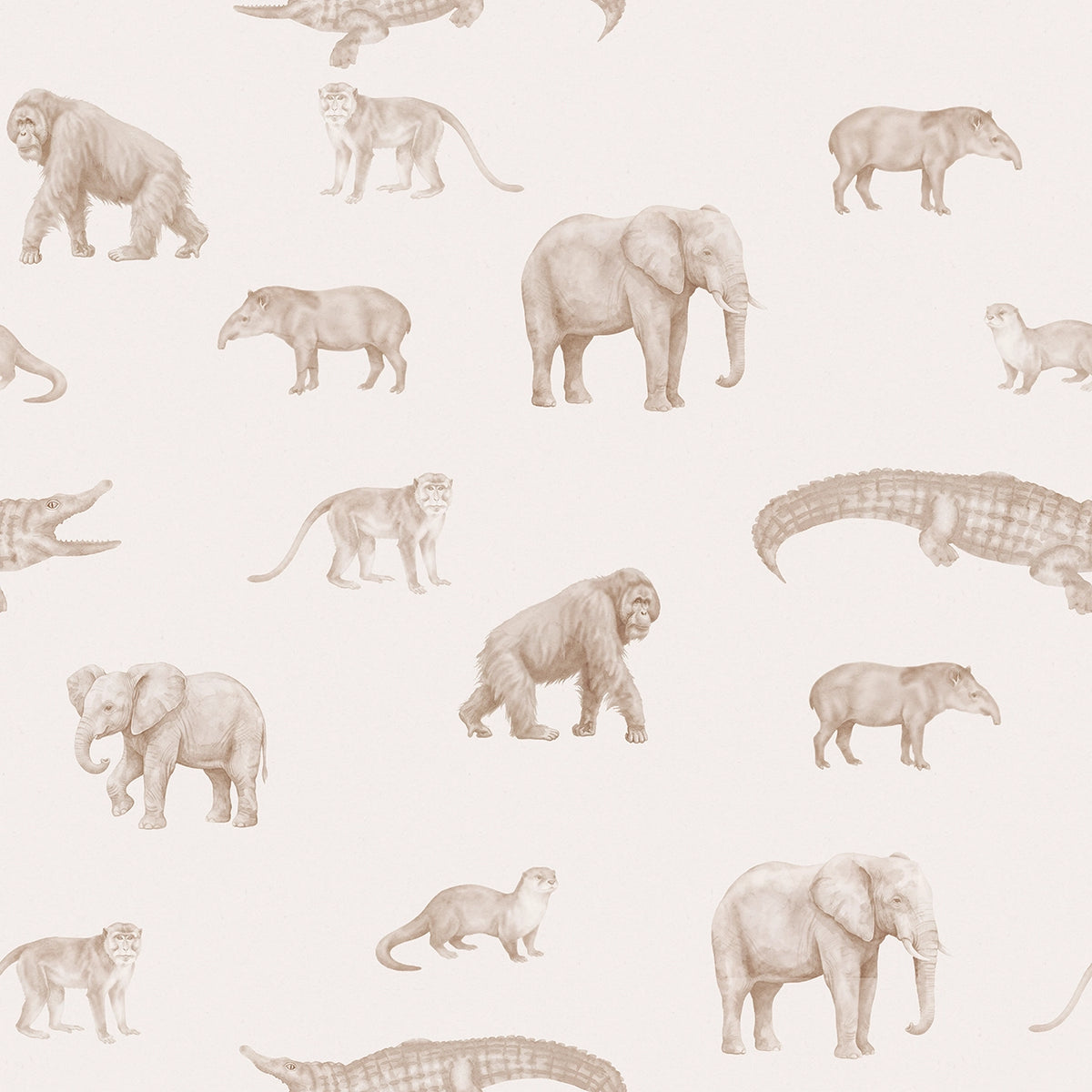 Kids wallpaper pattern of various animals including elephants, lions, and crocodiles on a light background
