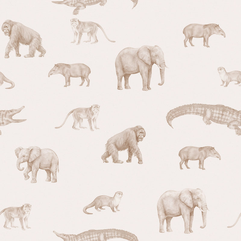 Kids wallpaper pattern of various animals including elephants, lions, and crocodiles on a light background