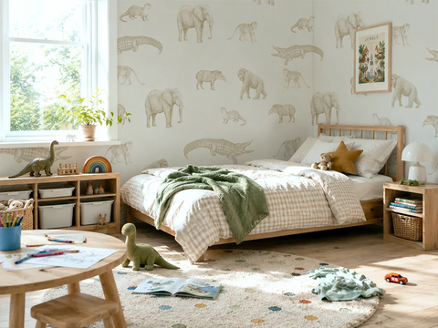 Children's bedroom with safari themed wallpaper and toys.