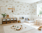 Children's playroom with animal-themed wallpaper, wooden shelves, and toys on a rug.