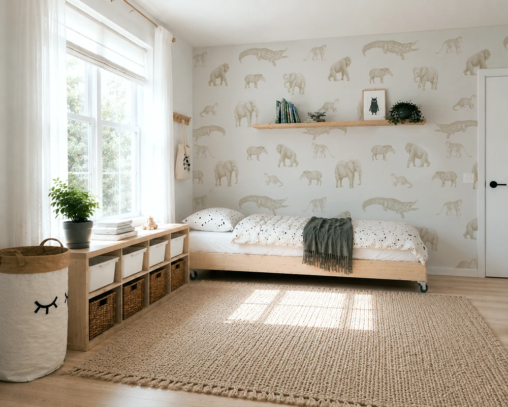 Children's bedroom with animal patterned wallpaper, bed, and storage units.