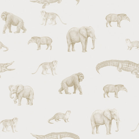 Kids wallpaper pattern of various animals including elephants, lions, and crocodiles on a light background