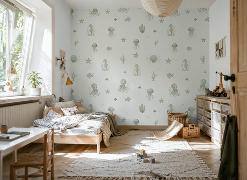 Children's room with patterned ocean wallpaper, wooden furniture, and toys.