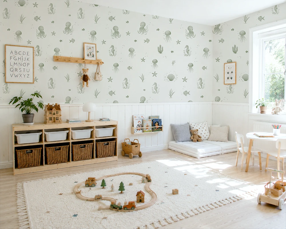 Children's playroom with toys, a rug, and aquatic wallpaper.