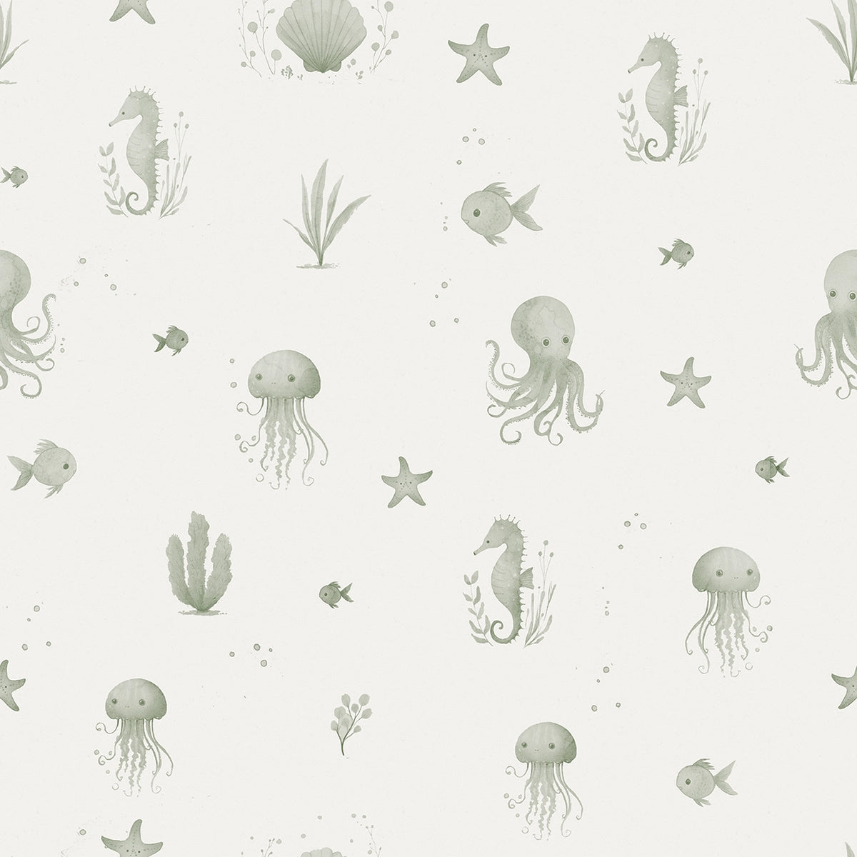 Seamless wallpaper pattern of sea creatures on a light green background