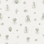 Seamless wallpaper pattern of sea creatures on a light green background