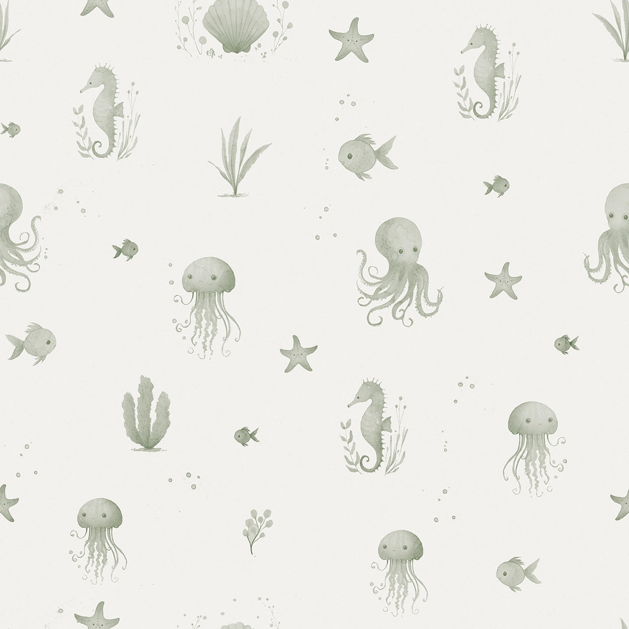 Seamless wallpaper pattern of sea creatures on a light green background