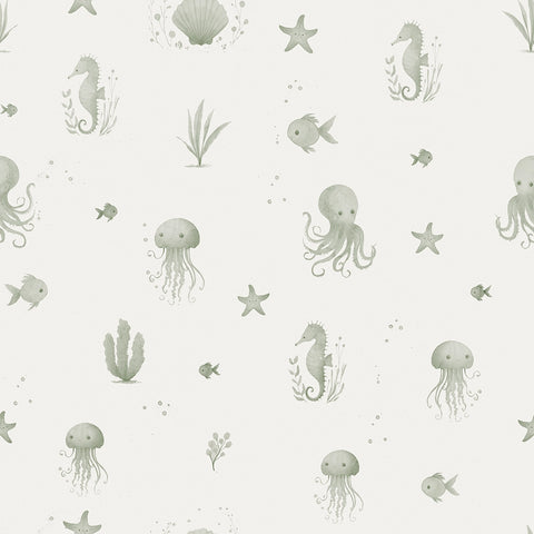 Seamless wallpaper pattern of sea creatures on a light green background