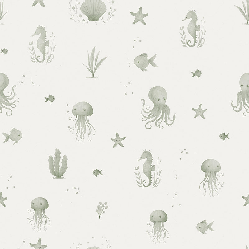 Seamless wallpaper pattern of sea creatures on a light green background