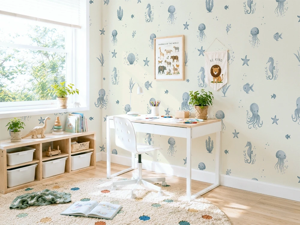 Children's room with wallpaper featuring sea creatures, desk, and toys.