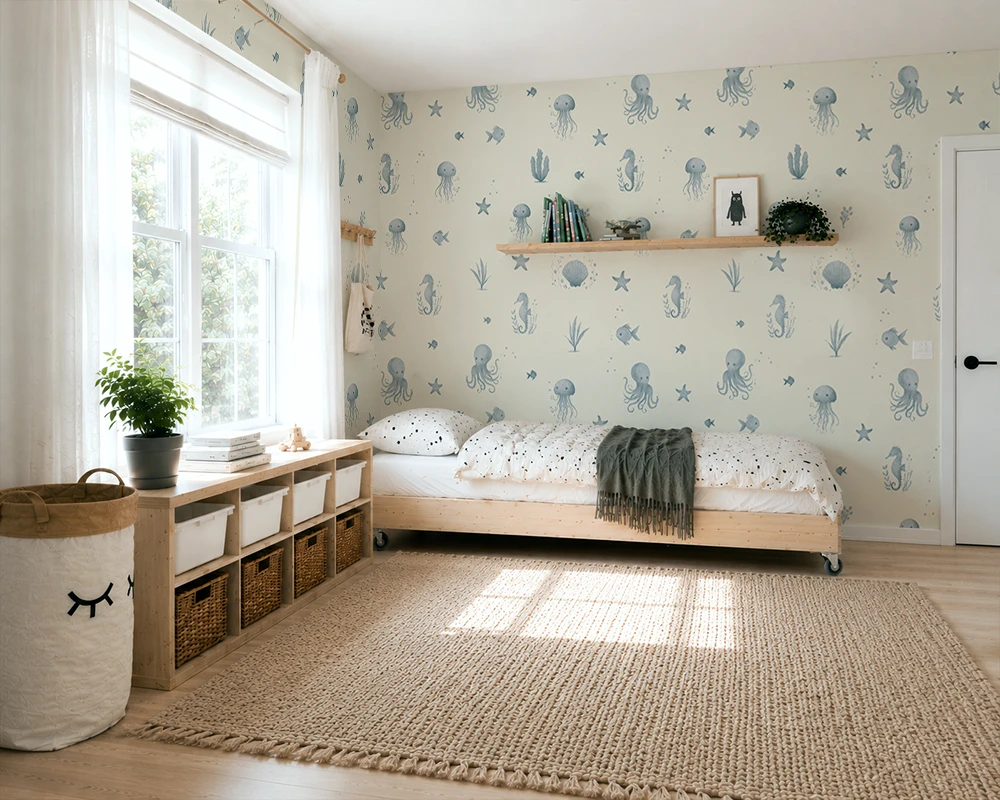 Children's bedroom with wallpaper featuring sea-themed designs, a bed, and storage units.