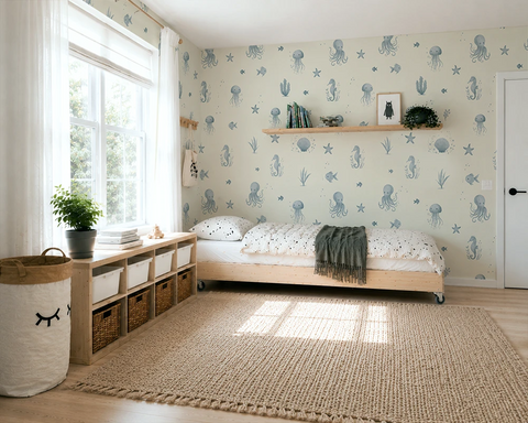 Children's bedroom with wallpaper featuring sea-themed designs, a bed, and storage units.