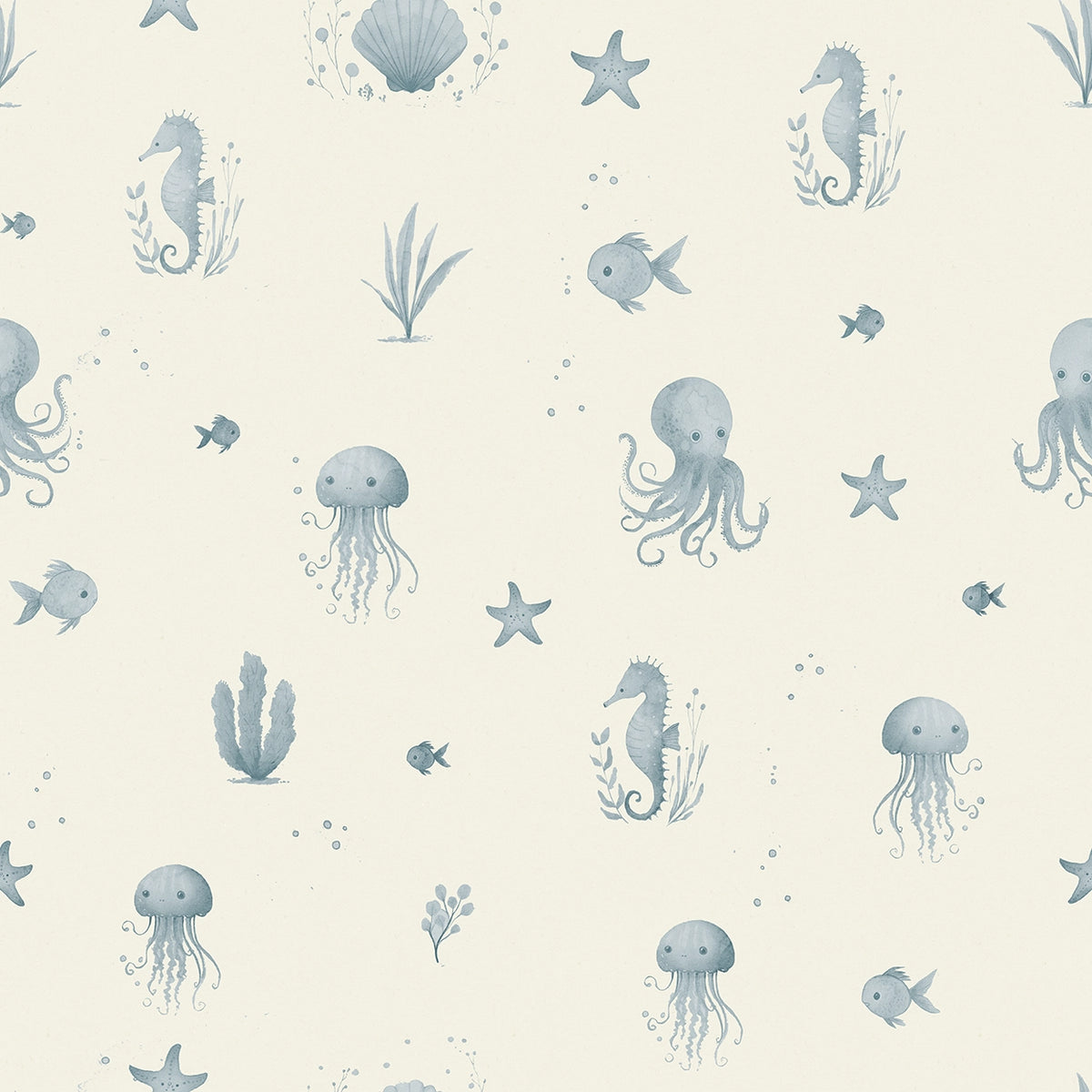 Seamless wallpaper pattern of blue sea creatures on a light background