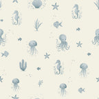 Seamless wallpaper pattern of blue sea creatures on a light background