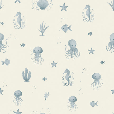 Seamless wallpaper pattern of blue sea creatures on a light background