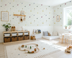 Children's playroom with toys, furniture, and kids space wallpaper