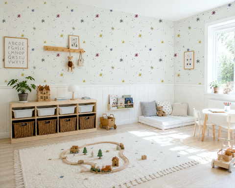 Children's playroom with toys, furniture, and kids space wallpaper