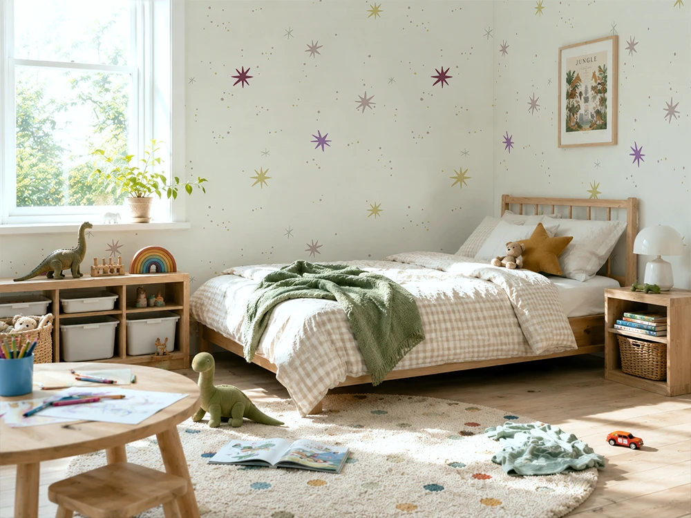 Children's bedroom with bed, bookshelf, and toys, featuring a kids space wallpaper