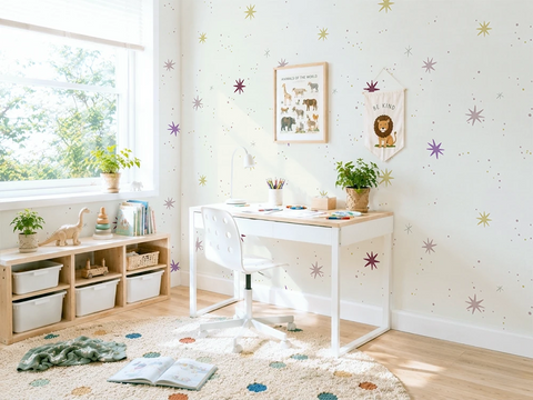 Children's room with a desk, shelves, and decorative kids wallpaper with stars and planets