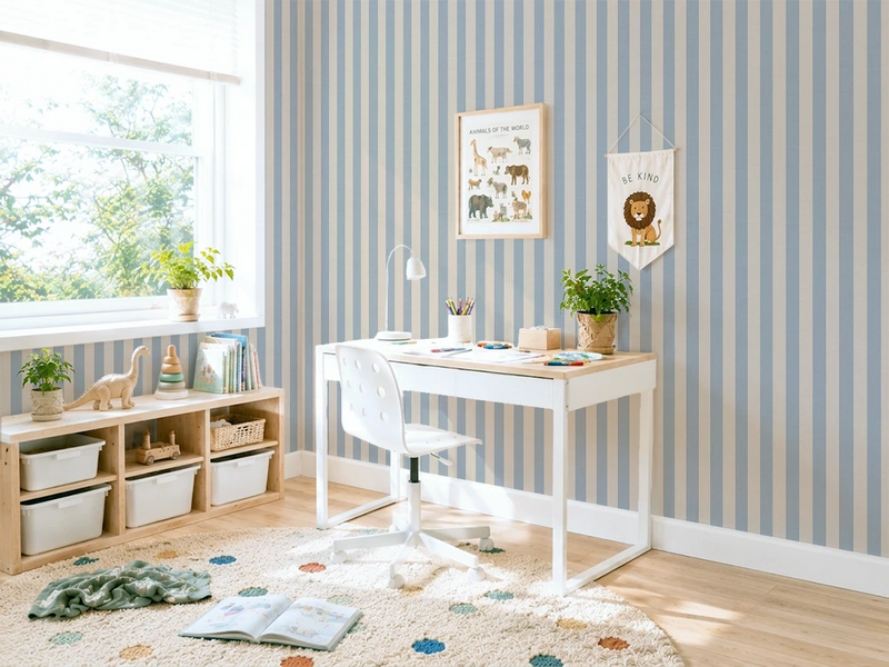 Children's room with striped wallpaper, desk, and toys.