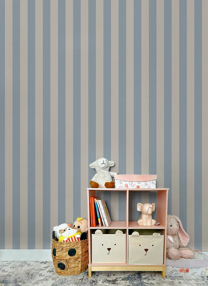 Children's room with a bookshelf, toys, and striped wallpaper.