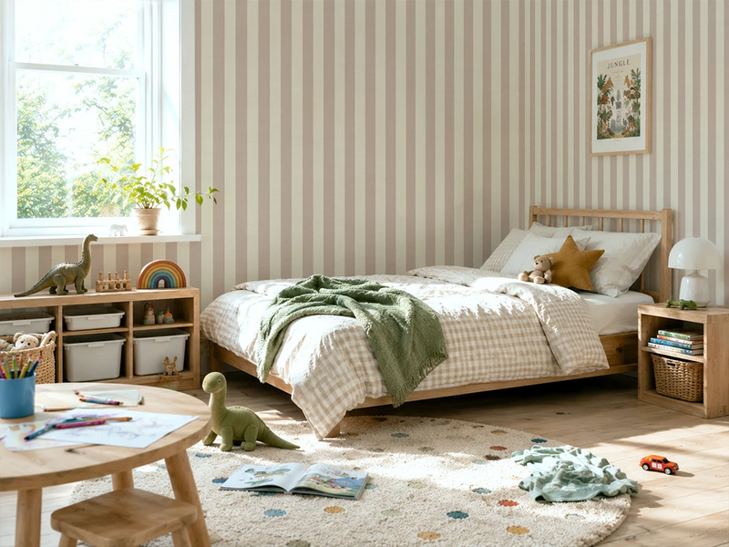 Children's bedroom with premium striped wallpaper, bed, and toys.