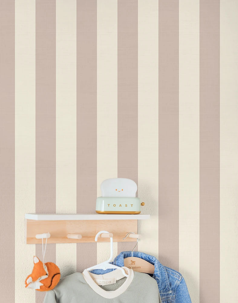 Striped kids wallpaper with a shelf and hanging items