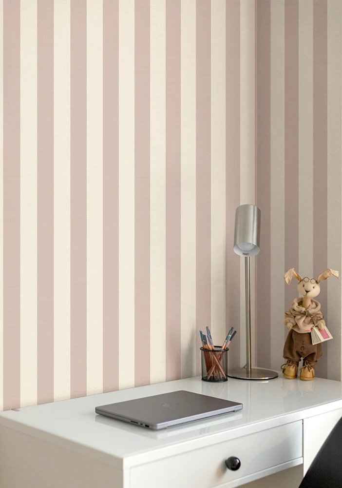 Striped kids premium wallpaper with a desk and decorative items in the foreground