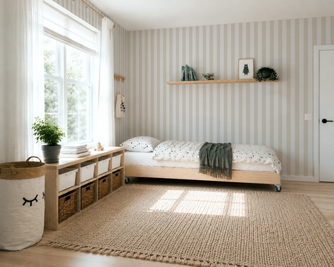 Modern kid's bedroom with striped wallpaper, wooden bed, and storage units.