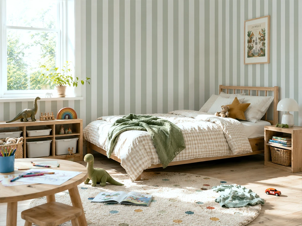 Children's bedroom with striped wallpaper, bed, and toys.