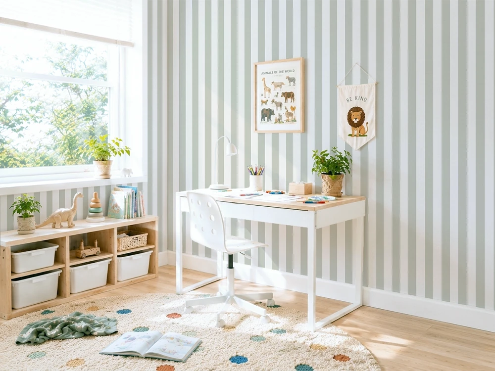 Children's room with a desk, chair, and decor elements against striped wallpaper.