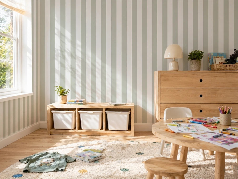 Children's playroom with wooden furniture, toys, and subtle striped wallpaper.