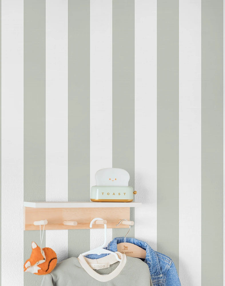 Striped kids wallpaper with shelves and baby items against a white background