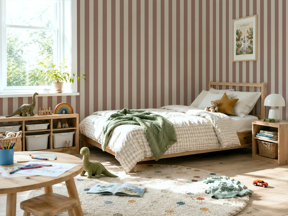 Children's bedroom with striped orange wallpaper, bed, and toys.