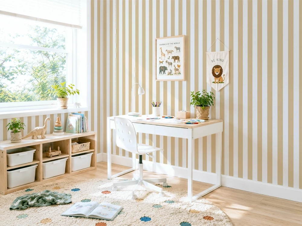 Children's room with a desk, shelves, and striped yellow wallpaper.