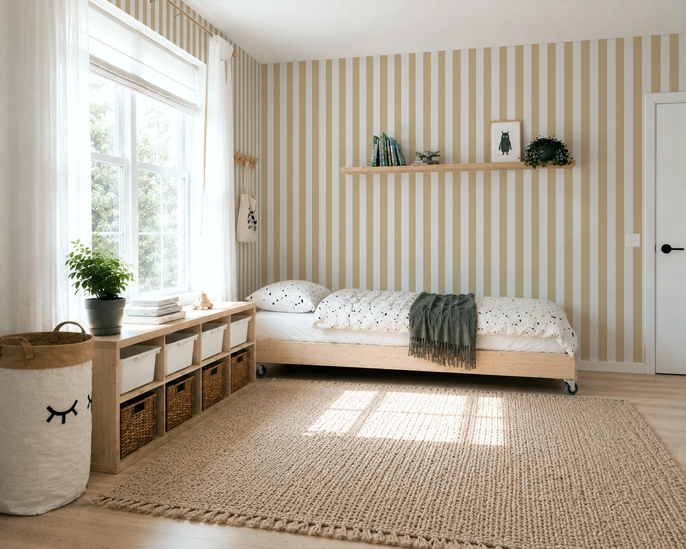 Modern kids bedroom with striped wallpaper, a bed, and wooden furniture.