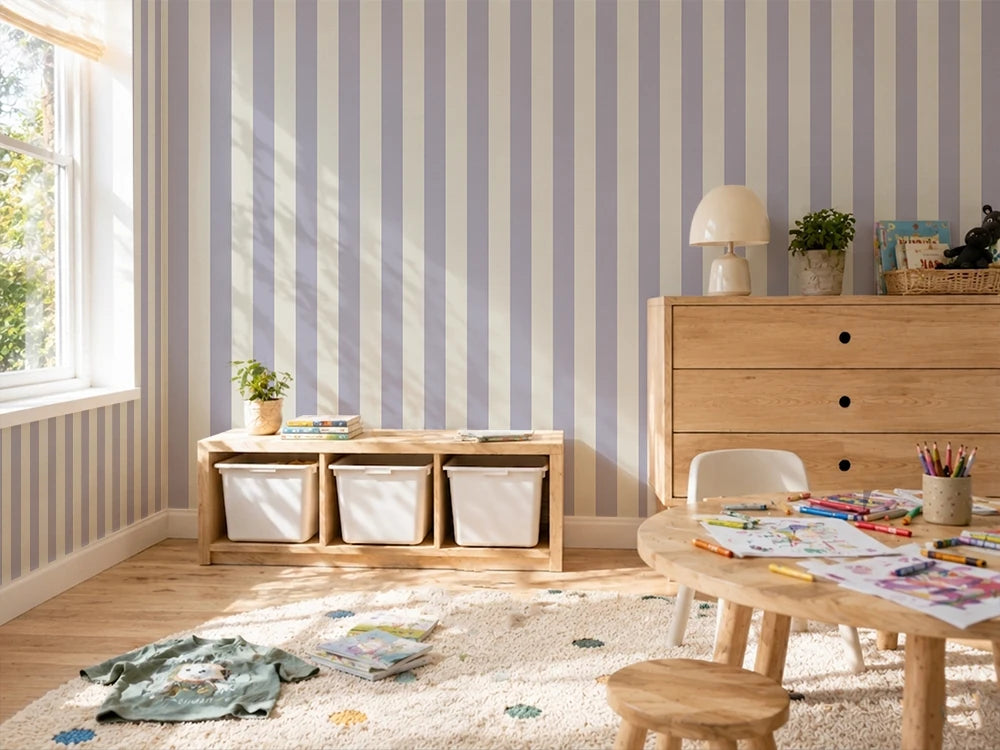 Children's playroom with striped purple wallpaper, wooden furniture, and toys on the floor.