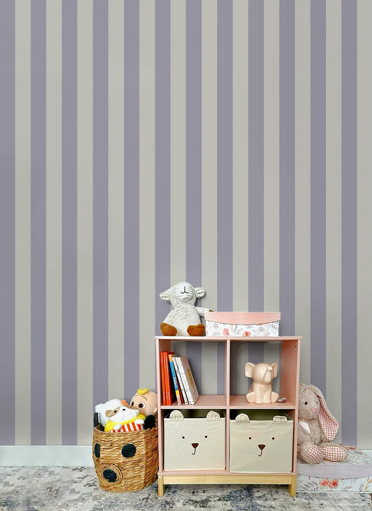 Children's room with striped purple wallpaper, bookshelf, and toys.