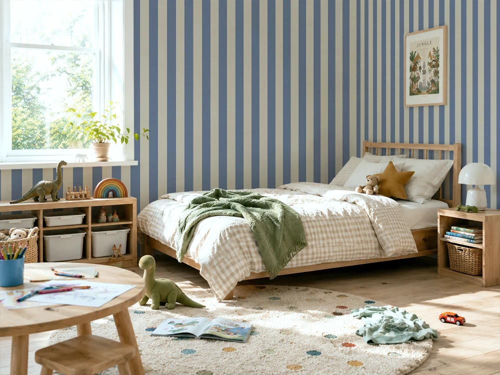 Children's bedroom with striped wallpaper, bed, and toys on a rug.